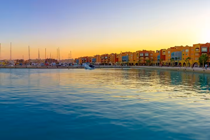 Hurghada marina waterfront at sunset with colorful promenade, a highlight on the city guided tour
