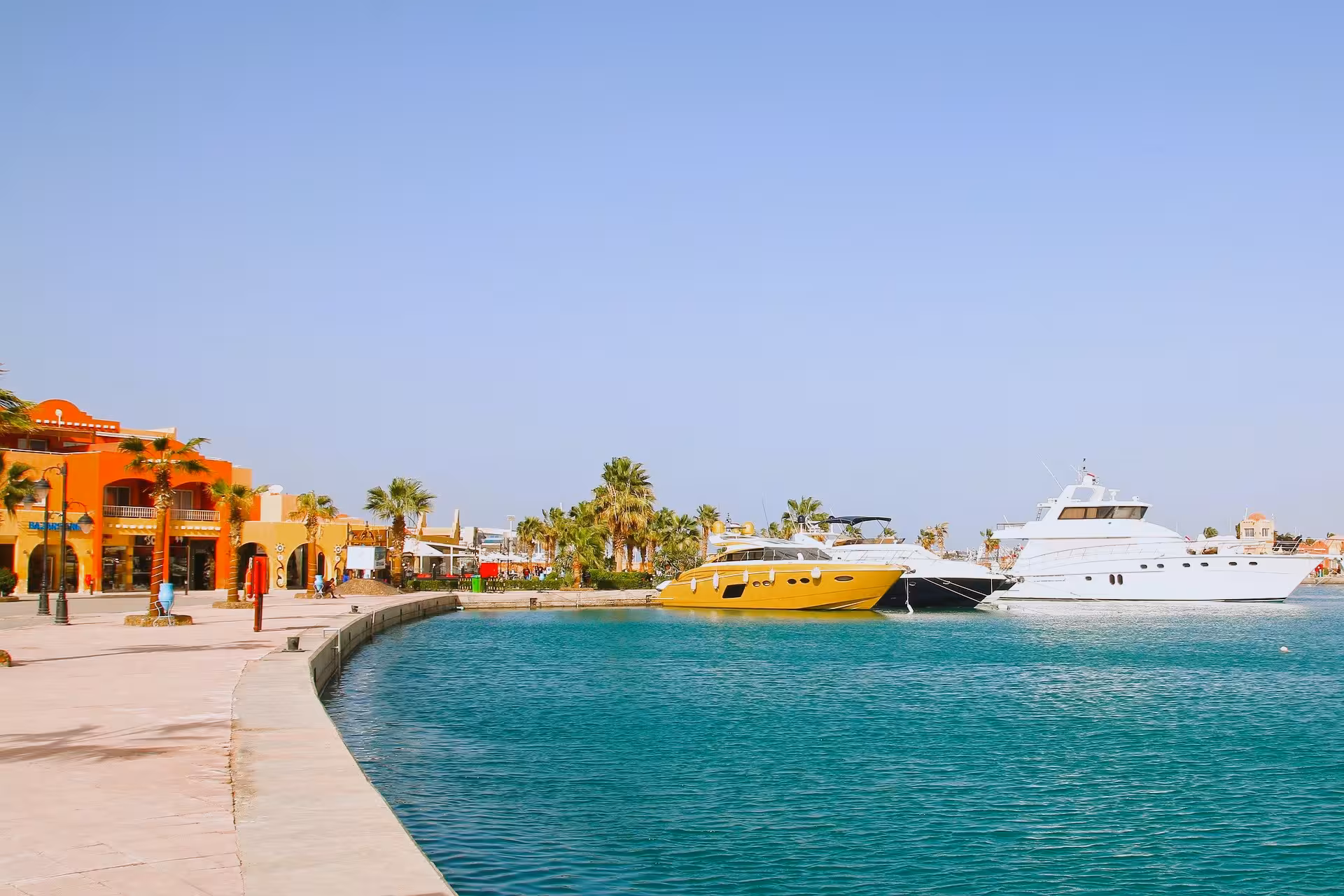 Hurghada Old Port marina with yellow and white yachts docked along a promenade lined with palm trees and orange buildings
