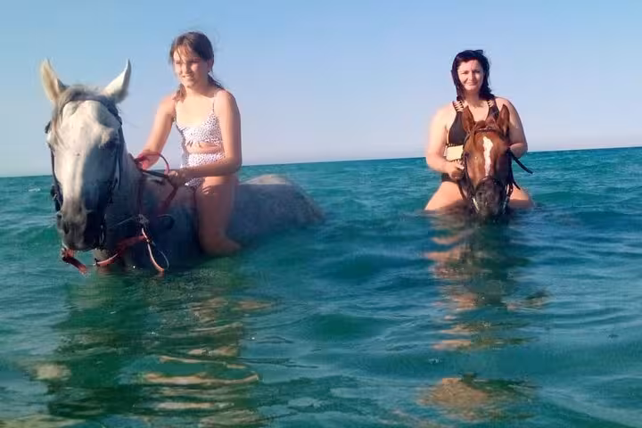 Hurghada Red Sea horse riding with optional swimming, riders on horses wading in turquoise water