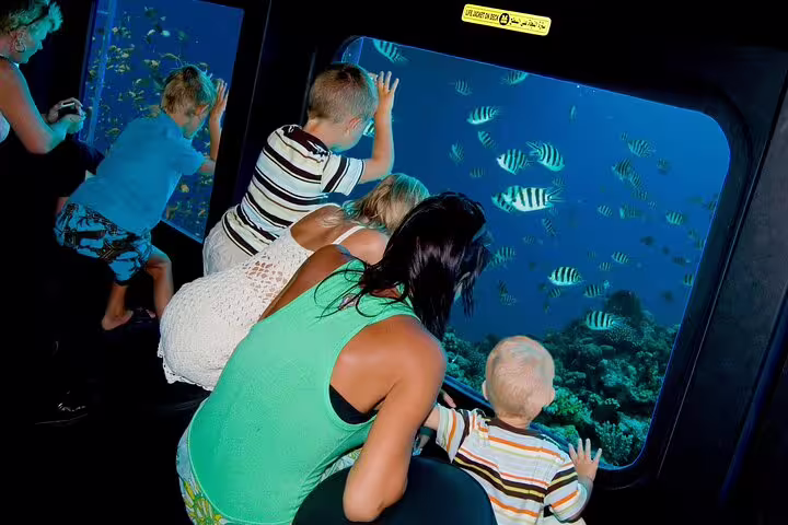 Family watching colorful Red Sea fish through panoramic windows on Hurghada semi-submarine snorkeling trip