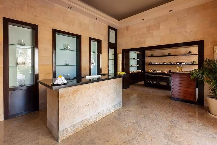 Elegant spa reception area in Hurghada with modern design and ambient lighting, perfect for relaxation and wellness.