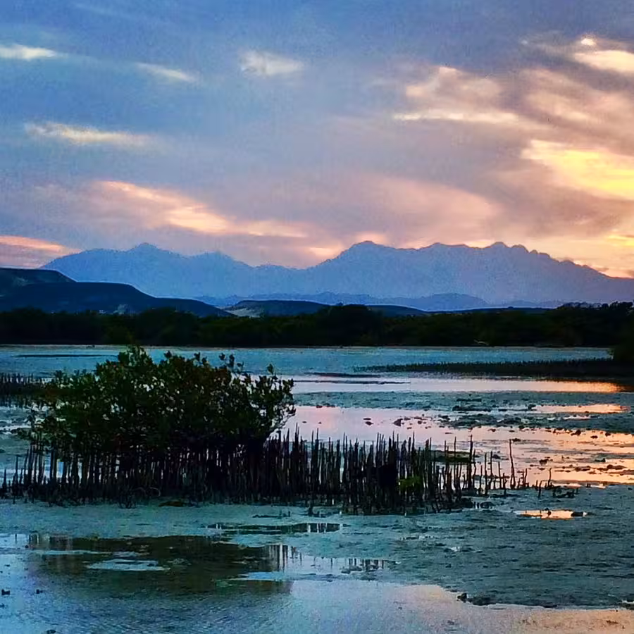 Stunning sunset over Hurghada's mountains, reflecting vibrant colors on tranquil wetlands.