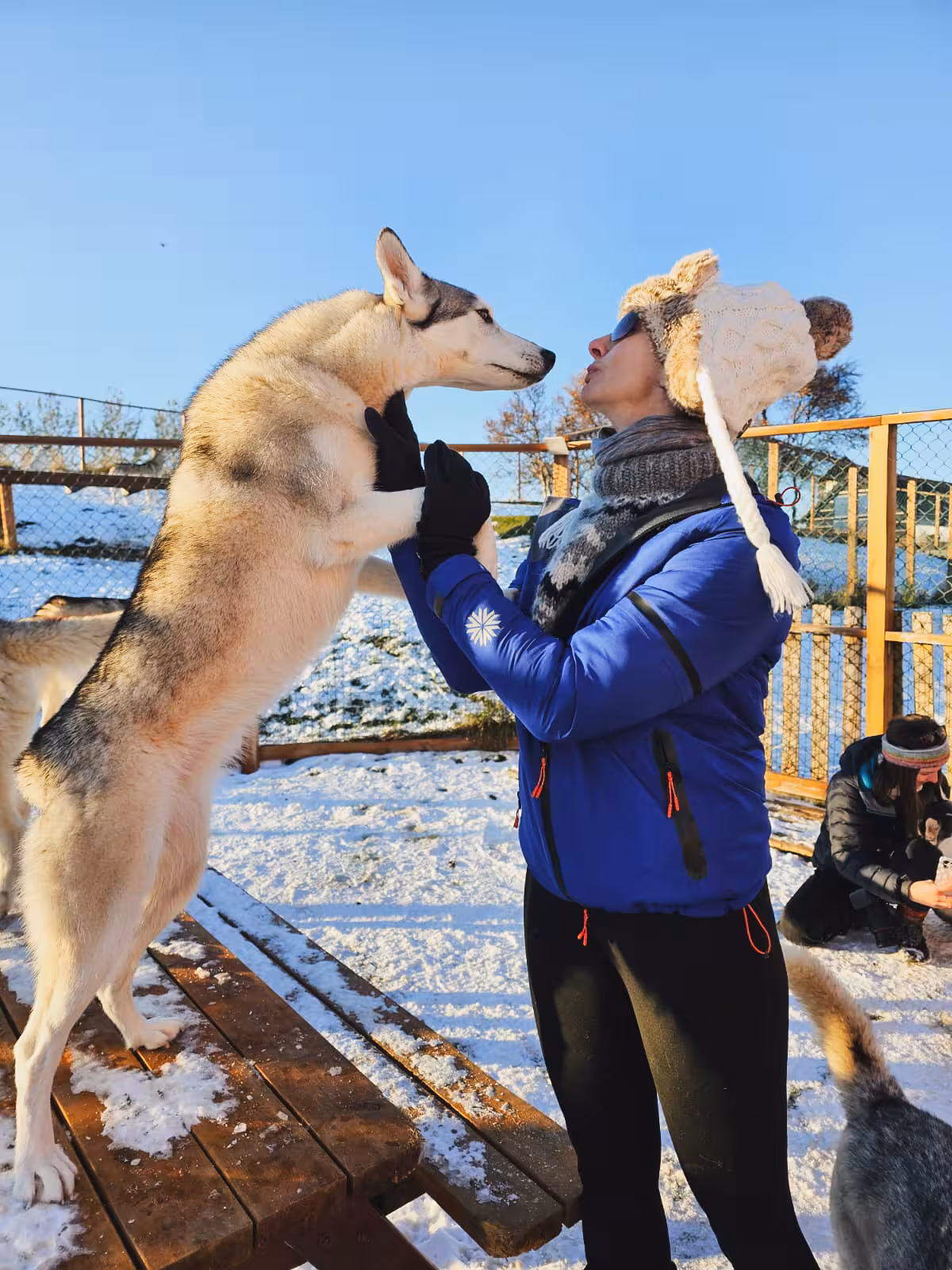 Traveler bonding with husky at Arctic dog sled camp in snow, part of Northern Lights adventure tour