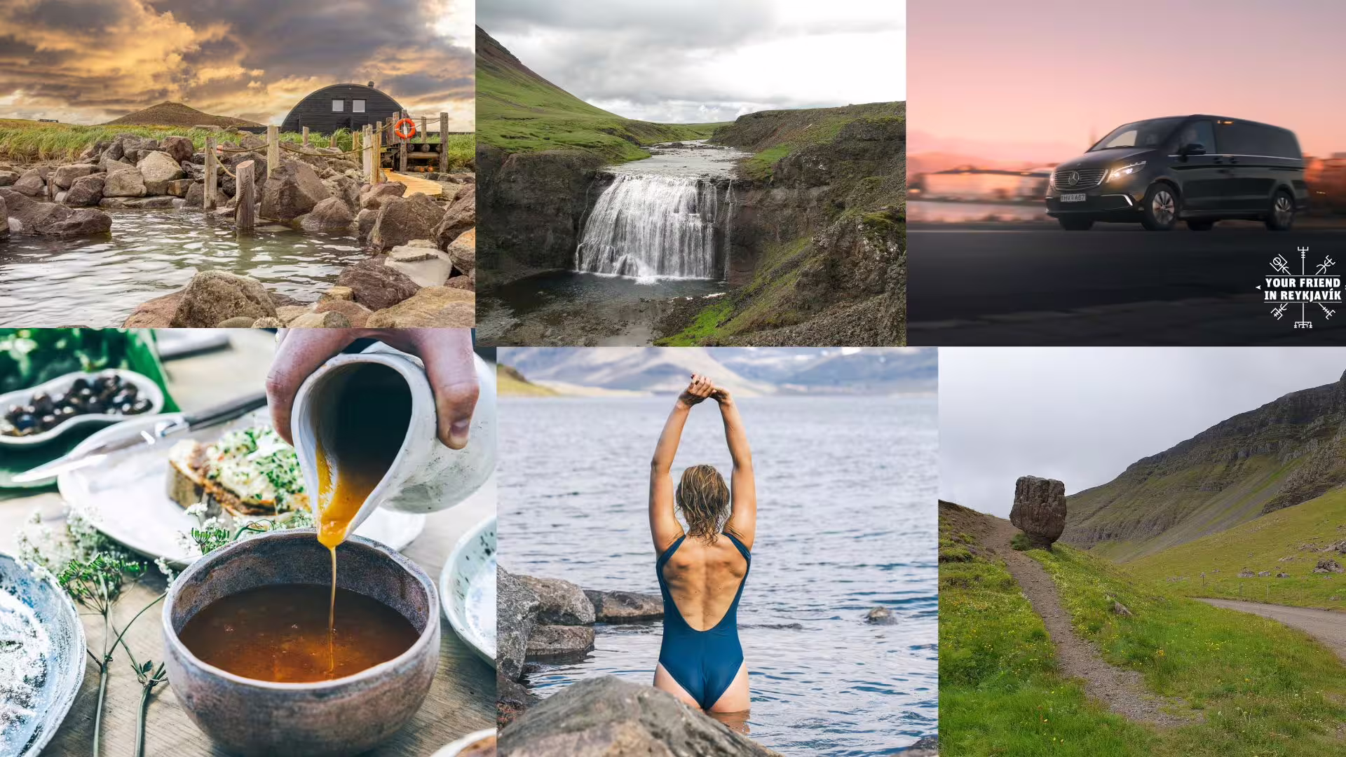 A collage of highlights during your Private Hvalfjordur & Hvammsvik Hot Springs Tour