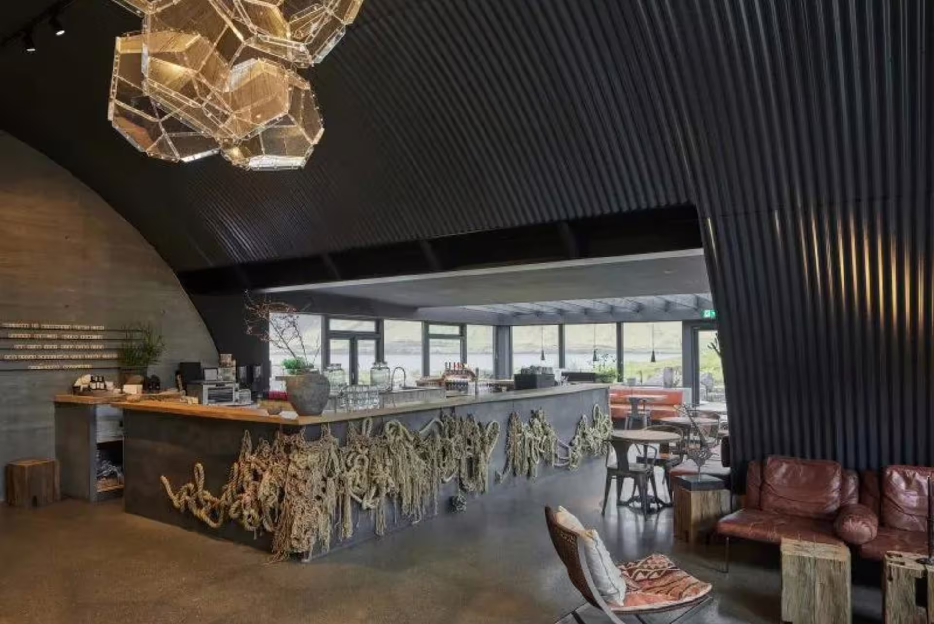 Hvammsvik Hot Springs lounge and bar interior, a cozy stop on a private Golden Circle tour in Iceland