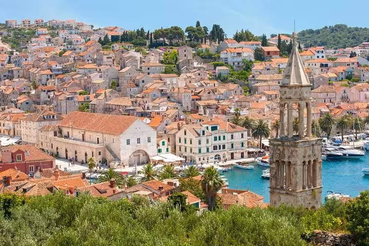 Hvar Town harbor and cathedral bell tower view, Dalmatian coast highlight on private Croatia tour