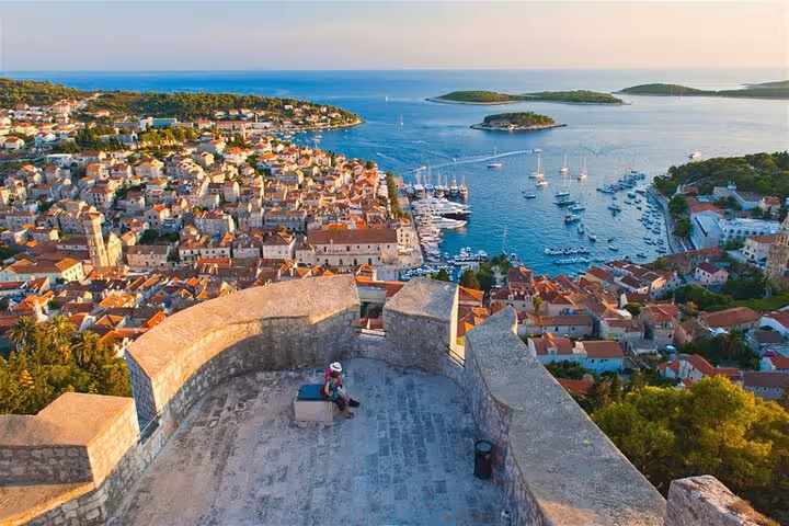 Panoramic Hvar Town harbor view, a highlight stop on Blue Cave, Vis and Pakleni Islands speedboat tour