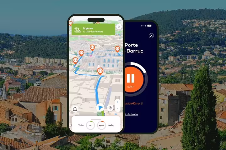 Hyères self-guided audio walking tour app showing GPS map with route markers and audio guide player