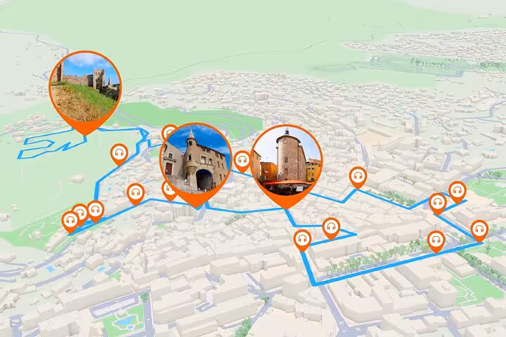 3D GPS map of Hyeres walking tour route with orange audio guide pins marking historic landmarks