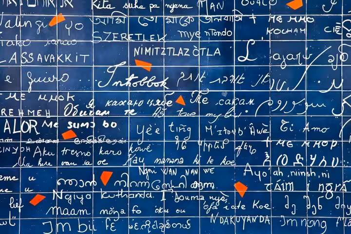 Blue tile wall with 'I love you' written in multiple languages, Montmartre Paris
