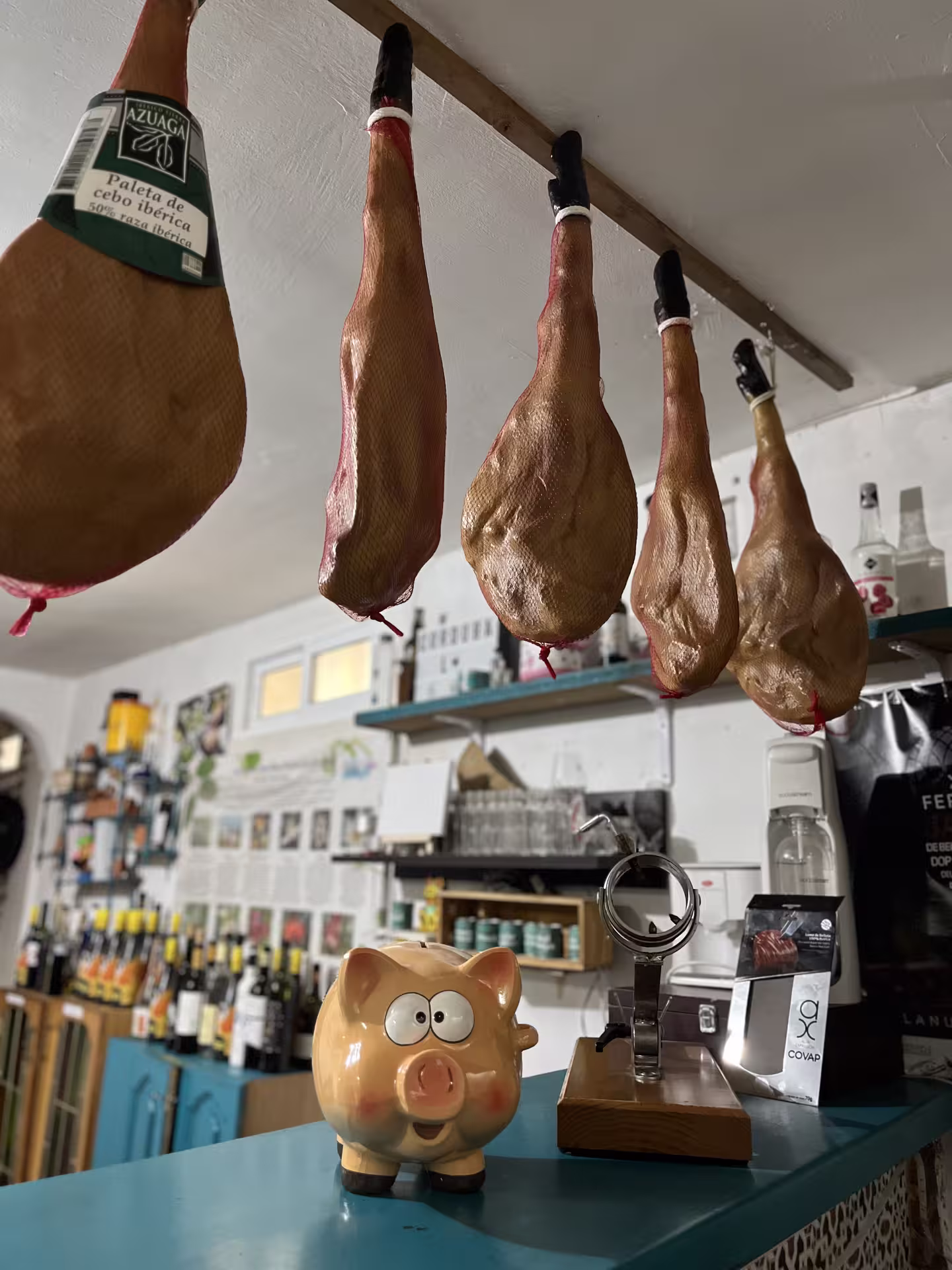 Cured Iberian ham hanging in a Cordoba bar, showcasing authentic Spanish culinary culture and tradition.