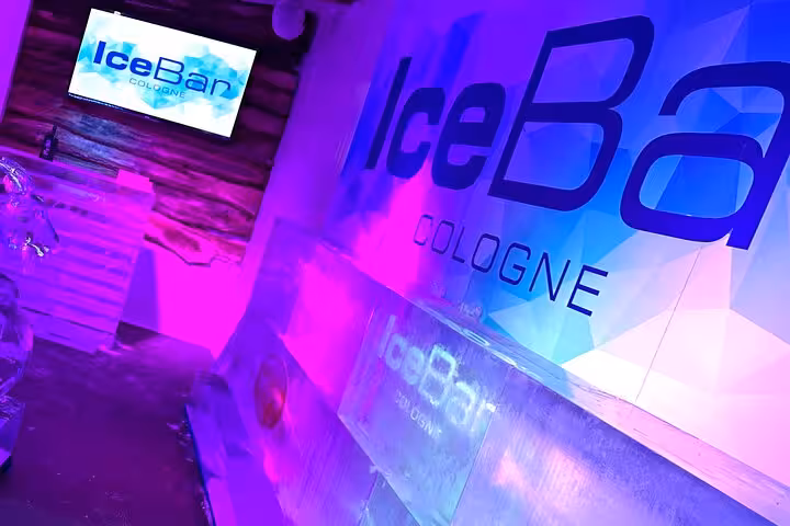 Close-up of IceBar Cologne's illuminated logo, highlighting the venue's unique icy interior and vibrant lighting.