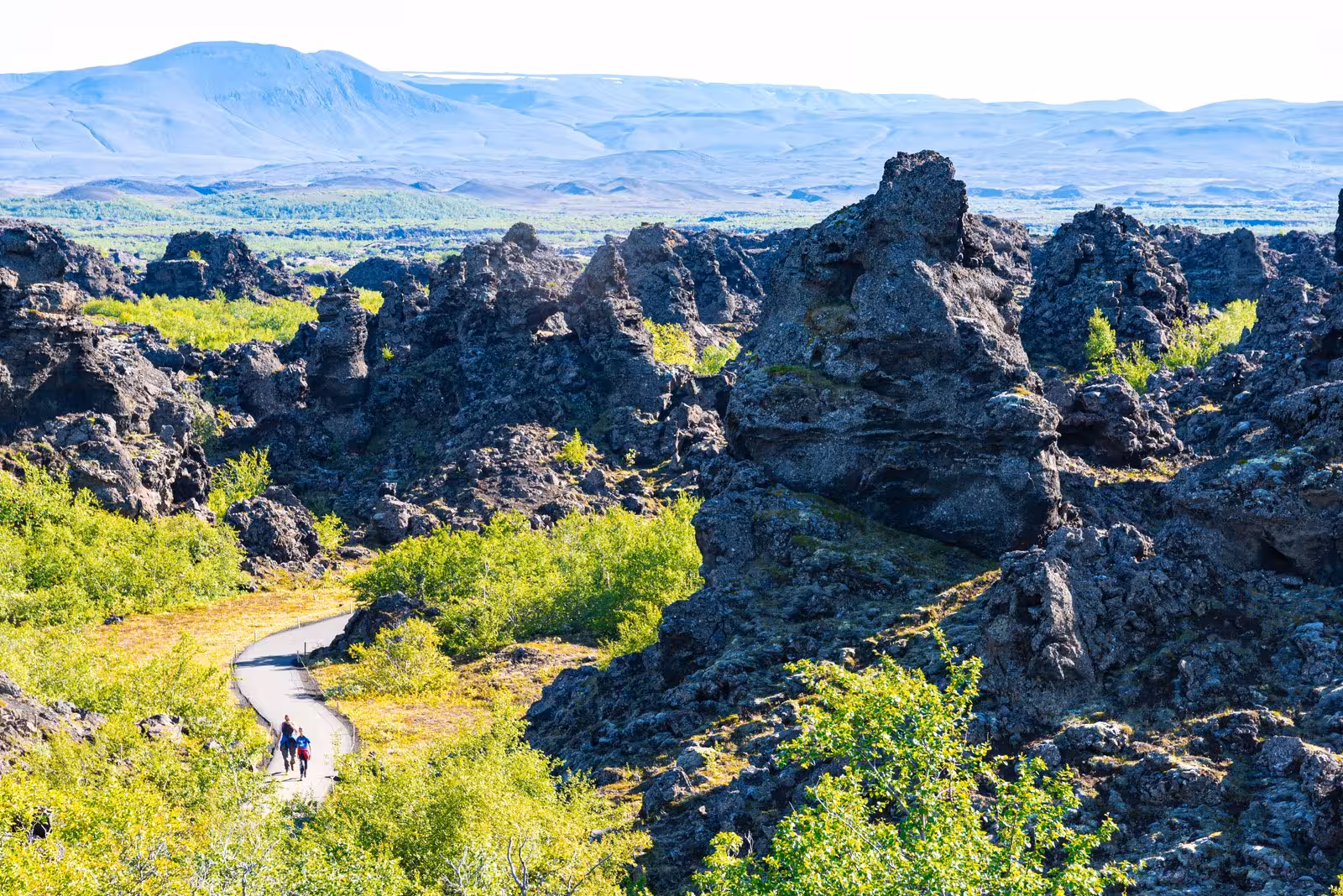 Winding path through Dimmuborgir's striking lava field, a highlight of the 5-day Icelandic adventure tour.