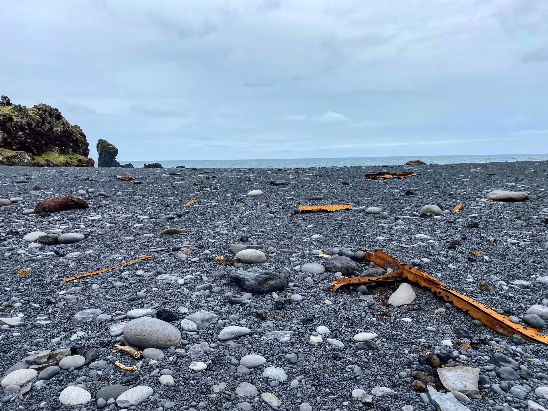 Black pebble beach with kelp and sea stacks on Iceland's rugged winter coastline