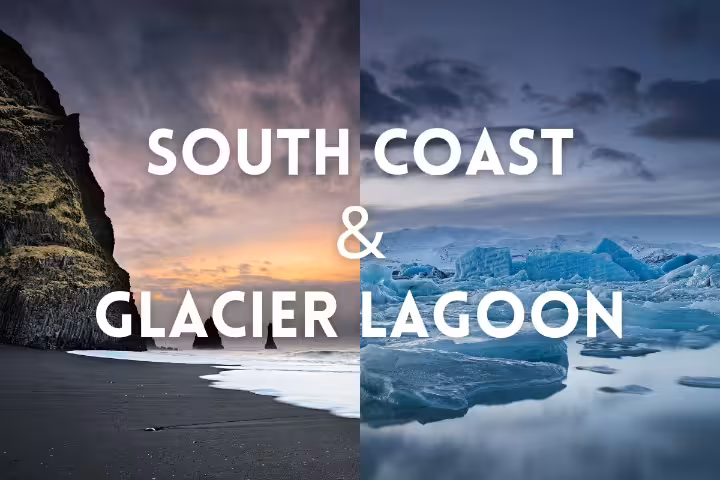 Split view of Iceland black sand beach and Jökulsárlón icebergs for a private South Coast & Glacier Lagoon tour