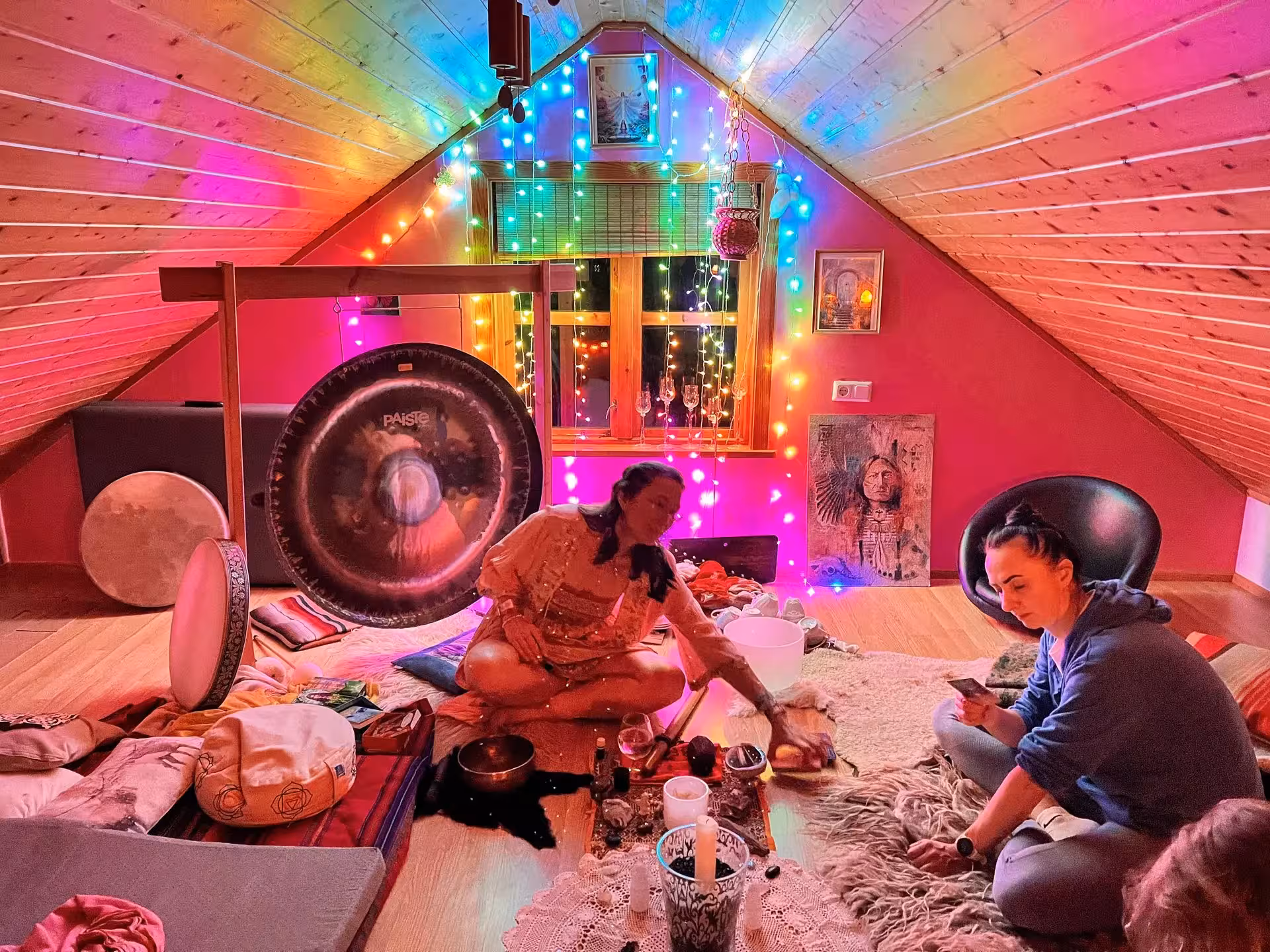 Private Sacred Iceland cacao ceremony setup with gong, crystals and fairy lights, Christmas dreams experience