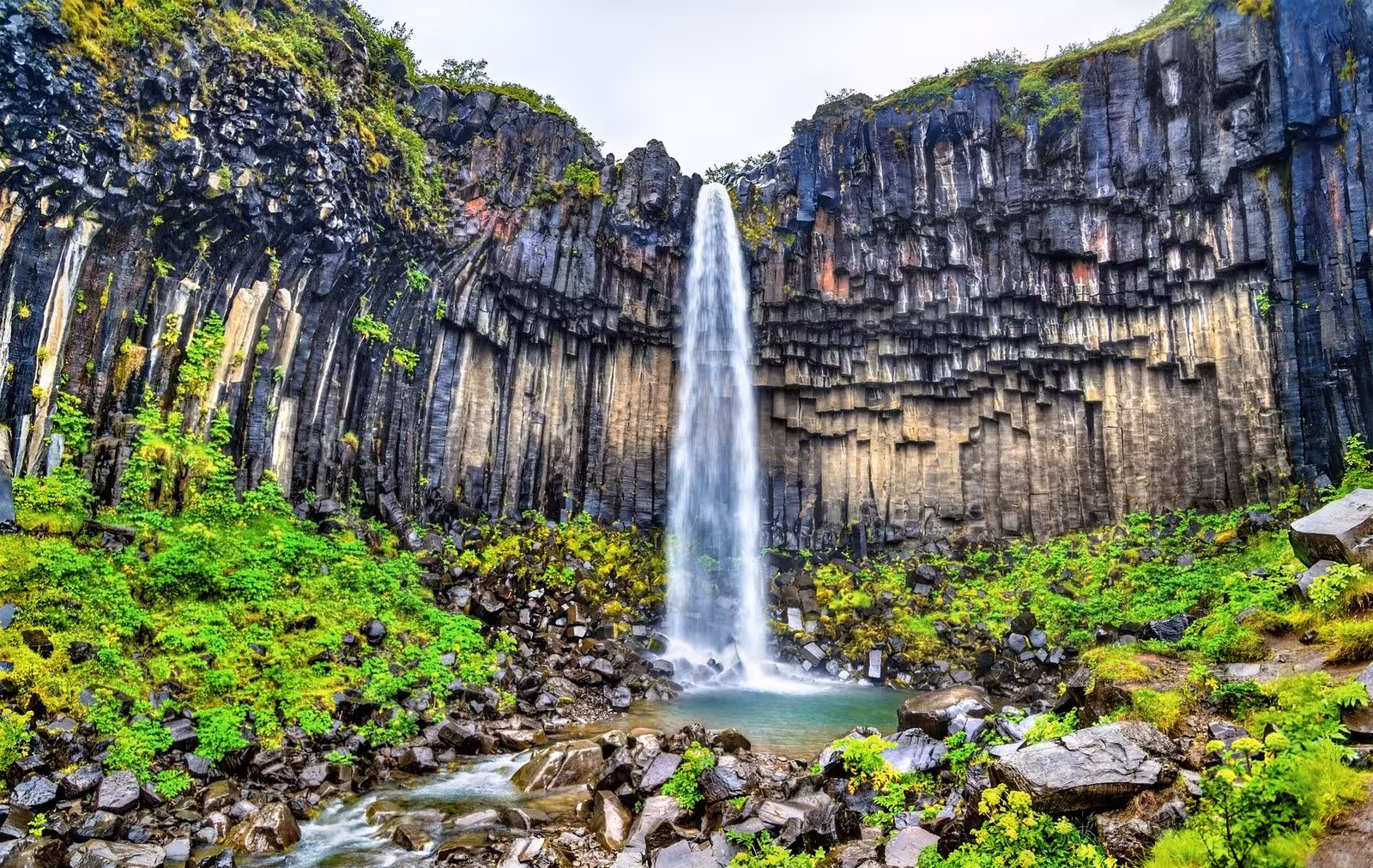 Stunning view of Svartifoss waterfall cascading over basalt columns in Iceland's Vatnajökull National Park.