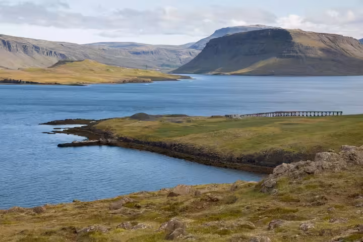 Wide view of a calm Iceland fjord with green headland and cliffs, coastal scenery on Silver Circle tour from Reykjavik