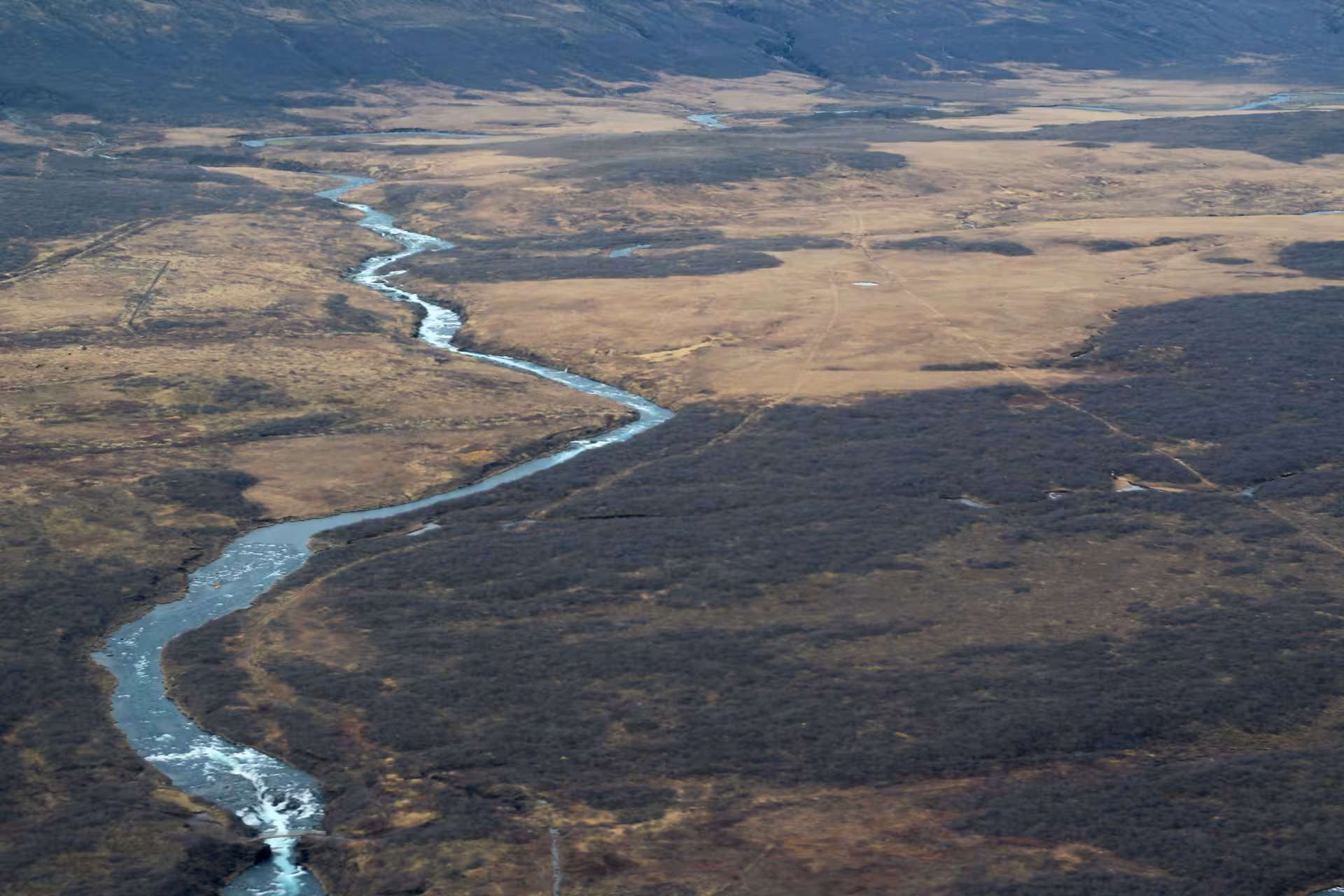 Aerial view of a winding glacial river cutting through Iceland's golden tundra landscape