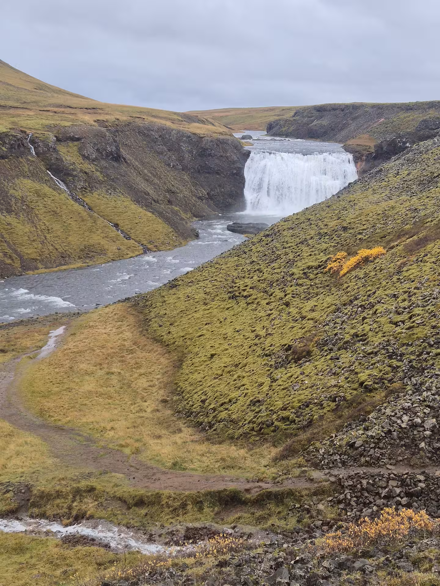 Powerful Icelandic waterfall cascading into a river valley with green moss-covered hills and autumn foliage