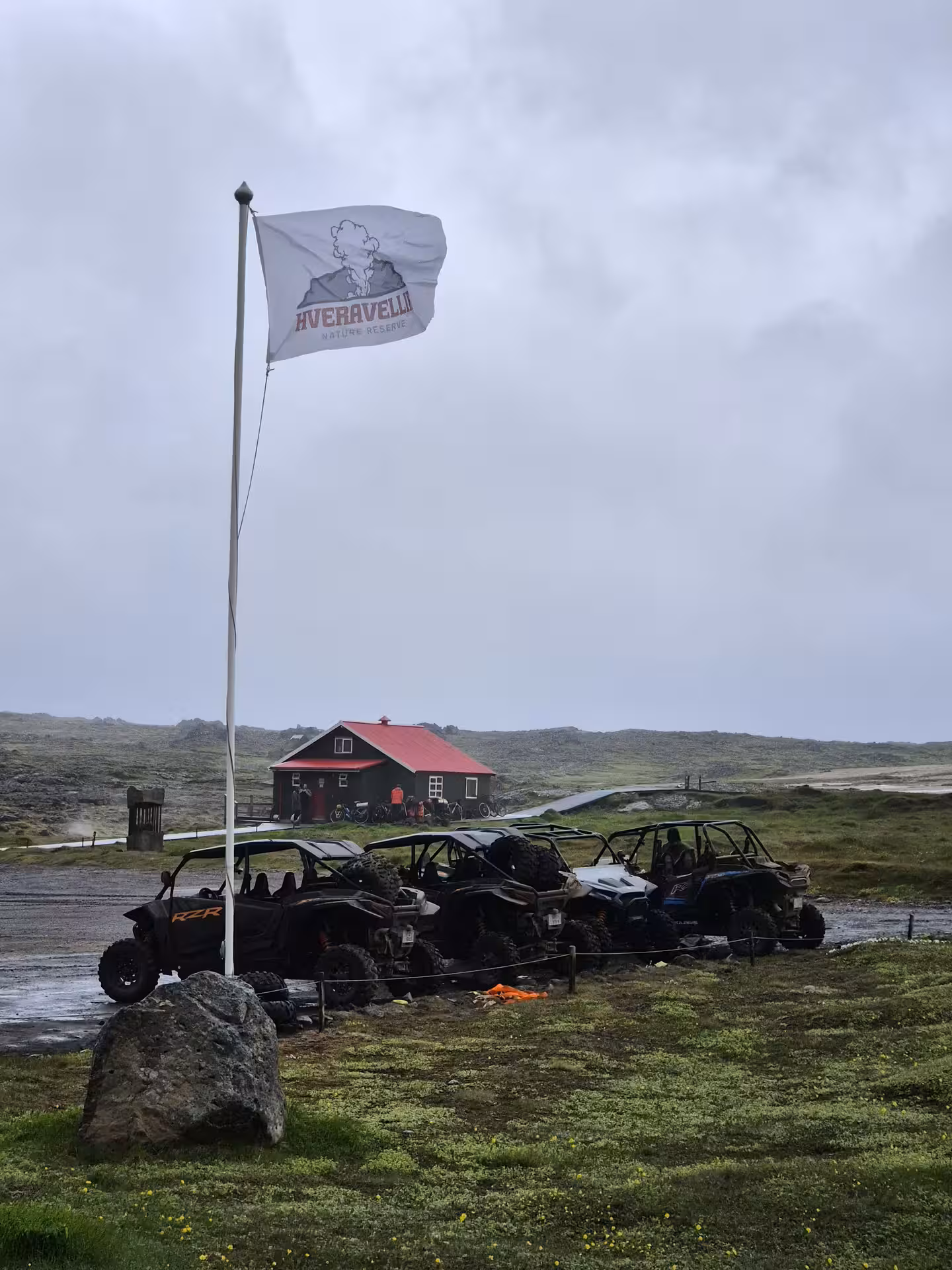 Polaris RZR buggies parked at Hveravellir Nature Reserve in Iceland highlands on a cloudy day