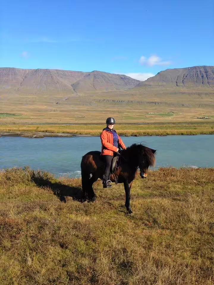 Rider in orange jacket on dark Icelandic horse near glacial river with mountains in background