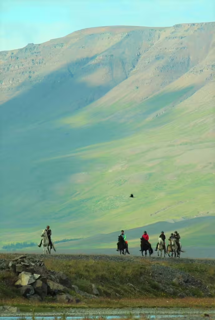 Group of riders on horseback traversing a scenic Icelandic valley with green mountain slopes