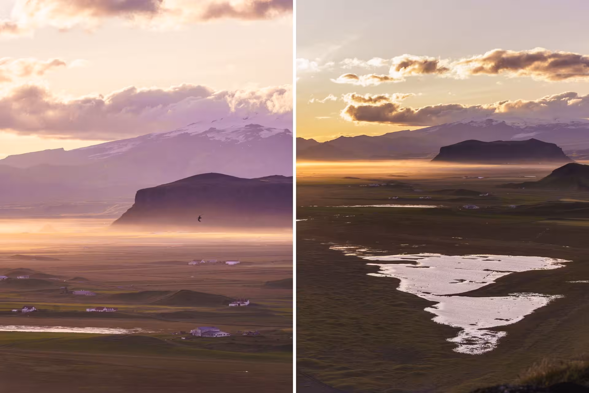Panoramic Iceland south coast landscape at golden hour with glacial mountains, misty plains, and reflective wetlands