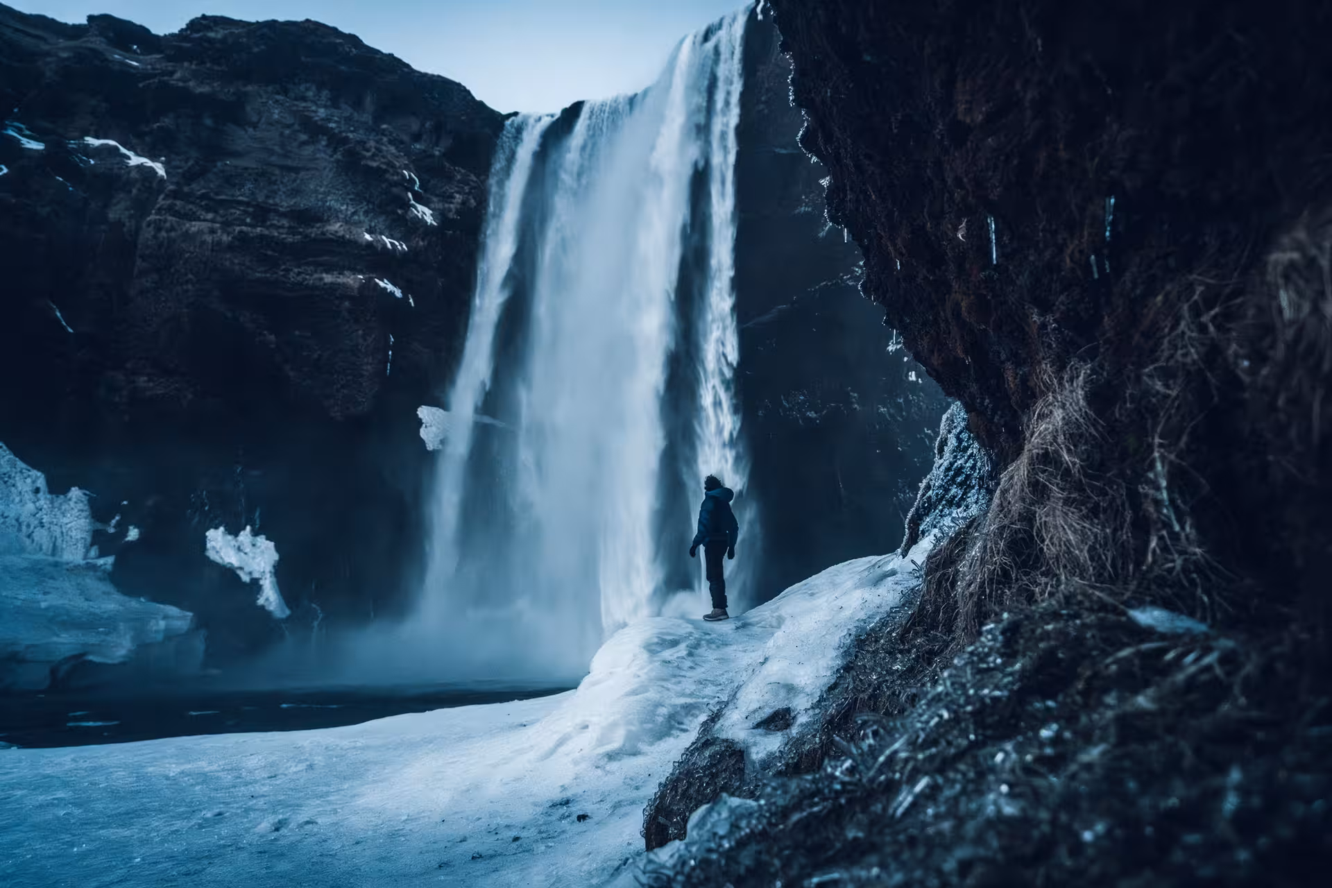Person standing before Skógafoss waterfall surrounded by snow and ice on Iceland's South Coast