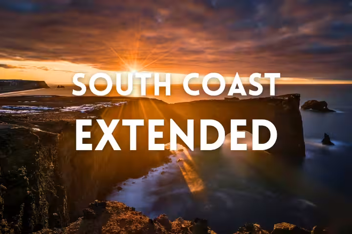 Sunrise over Iceland’s dramatic South Coast cliffs and sea stacks, banner for Private South Coast Extended Tour