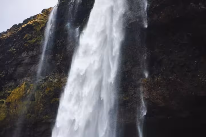 Powerful waterfall cascading down dark mossy cliffs on Iceland's South Coast