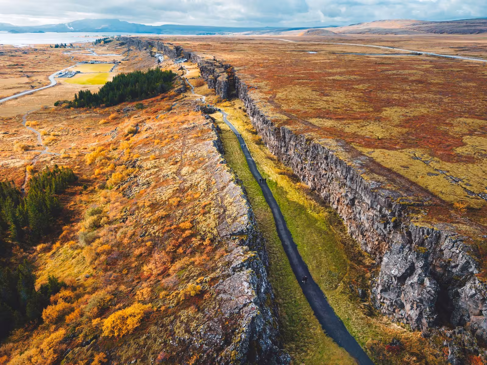 Aerial view of Þingvellir National Park's stunning autumn landscape on a 5-day Iceland stopover tour.