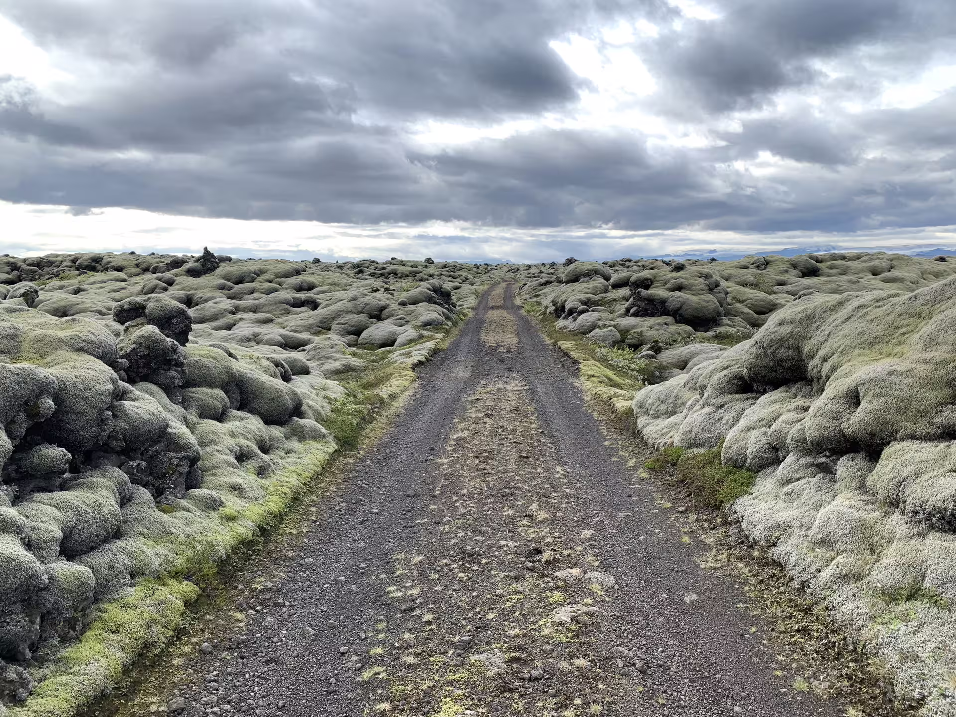 Gravel road cutting through moss-covered lava fields in Iceland under dramatic cloudy skies