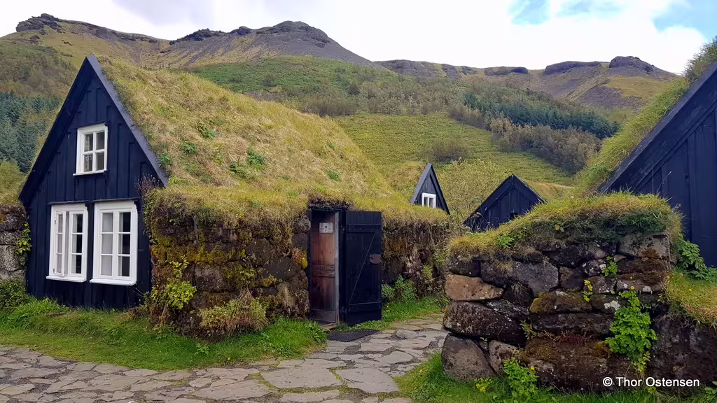 Traditional Icelandic turf houses with grass roofs and black wooden walls against green mountain backdrop