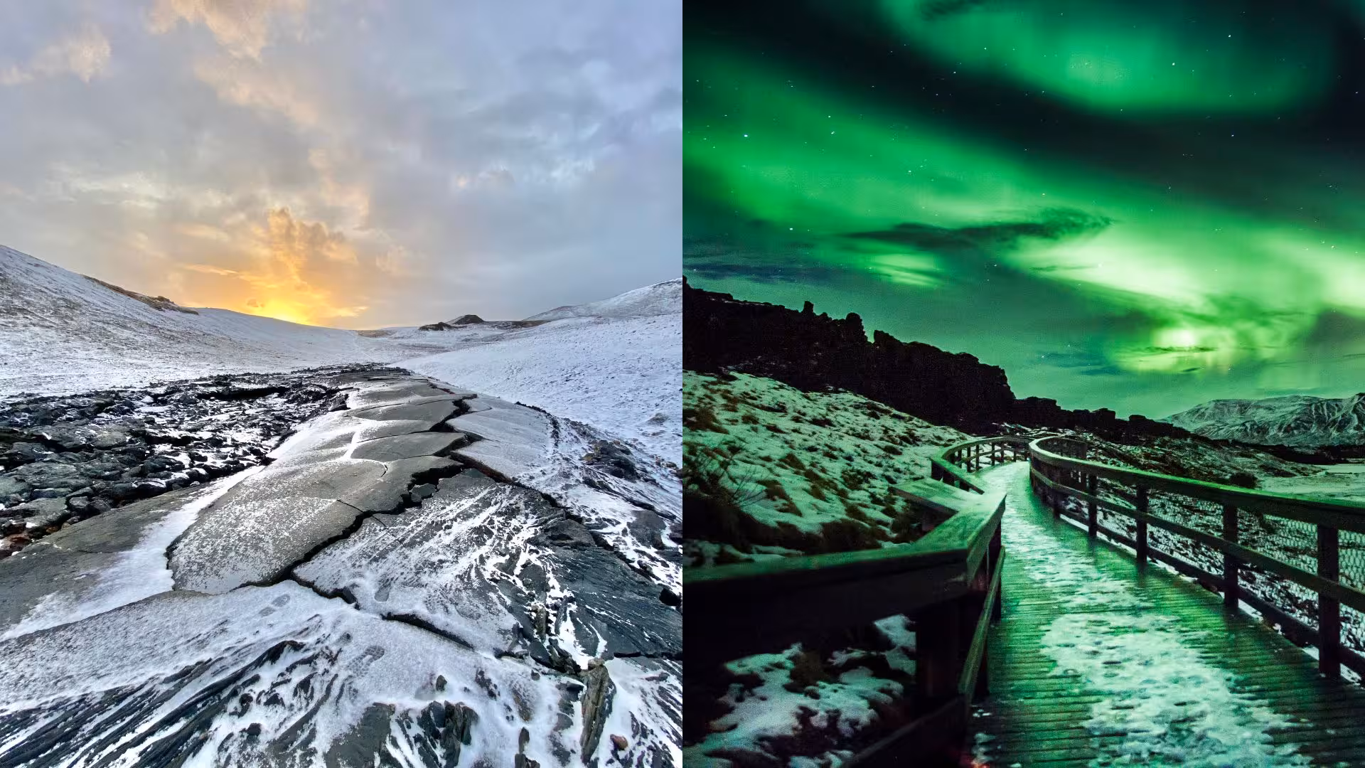 Snow-covered volcanic landscape at sunset on an Iceland volcano hike guided tour adventure