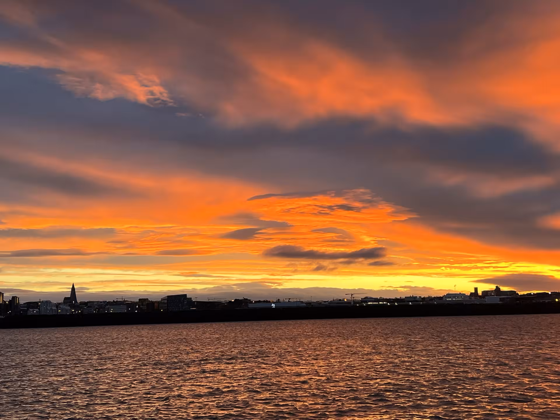 Colorful sunset above the ocean during a whale watching tour in Iceland