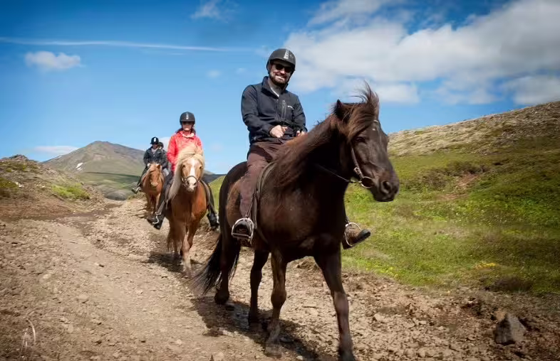 Smiling rider on dark Icelandic horse leads group along scenic dirt trail in Iceland highlands