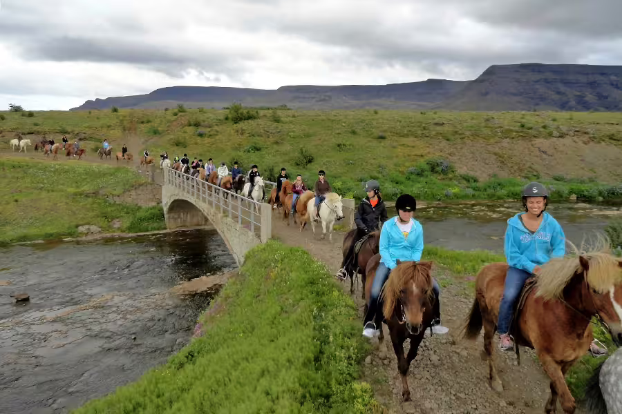 Riders on Icelandic horses cross a scenic bridge during a horseback tour, set against lush green landscapes and distant mountains.
