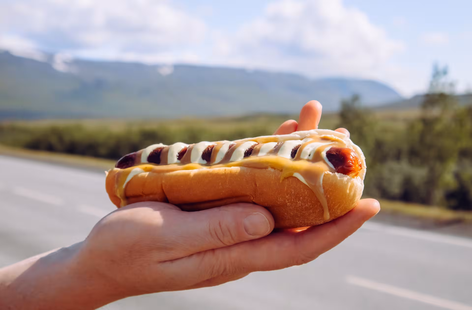 Hand holding an Icelandic hot dog with mustard and remoulade against mountain landscape