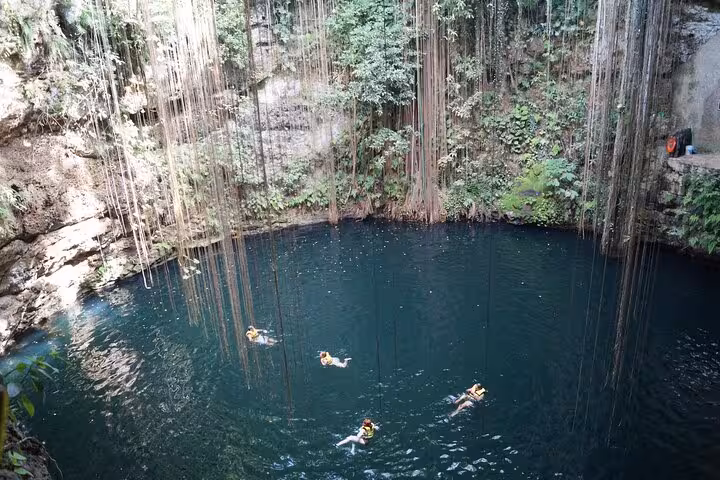 Tourists swimming in the breathtaking Ik Kil Cenote surrounded by lush greenery on a private Chichen Itza tour