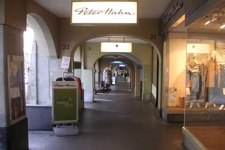Peter Hahn boutique storefront in covered arcade passage, Interlaken Switzerland