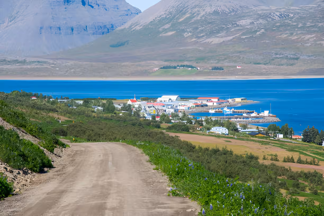 Dirt road descending toward Isafjordur town with blue fjord and mountains in Westfjords Iceland