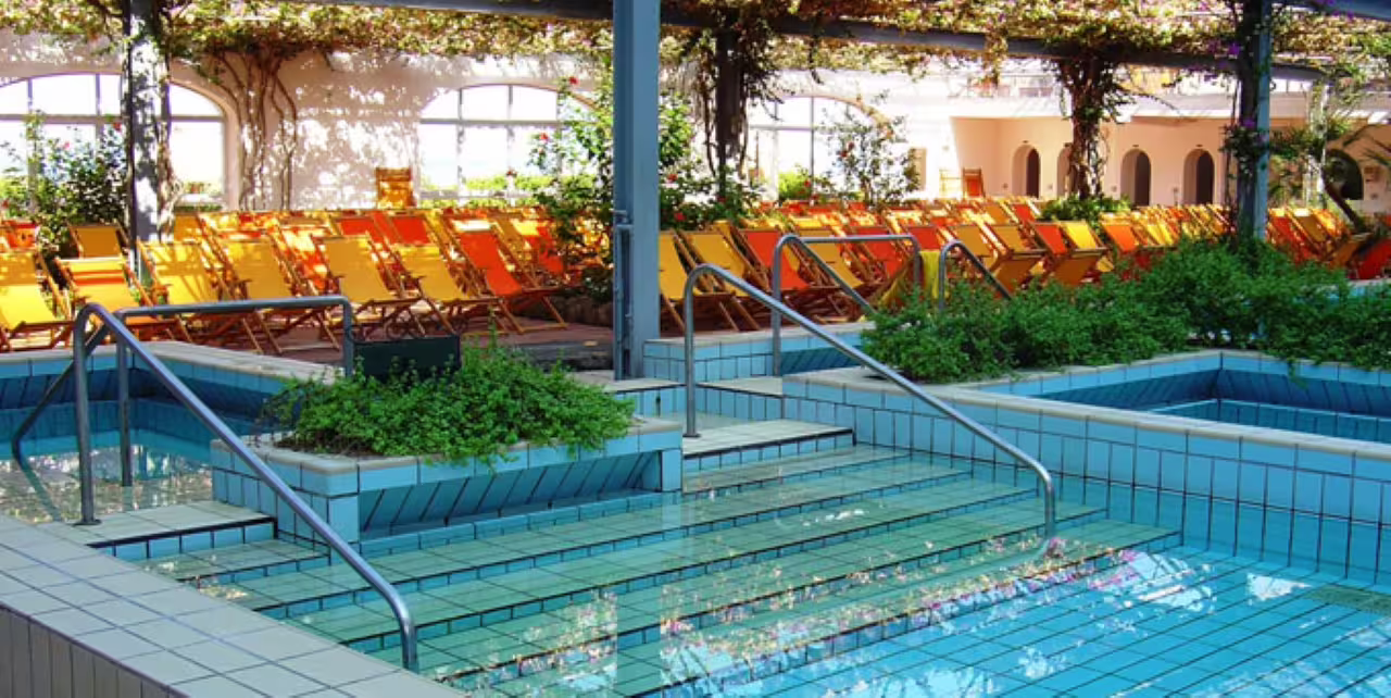 Ischia Poseidon Gardens thermal pools and loungers under pergola, entry ticket with hydrofoil transfer