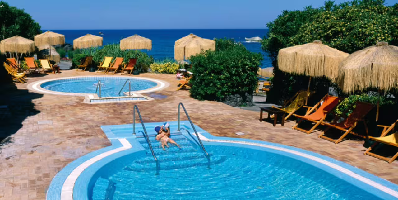 Poseidon Thermal Gardens Ischia sea-view pool with sun loungers, included with hydrofoil and transfer
