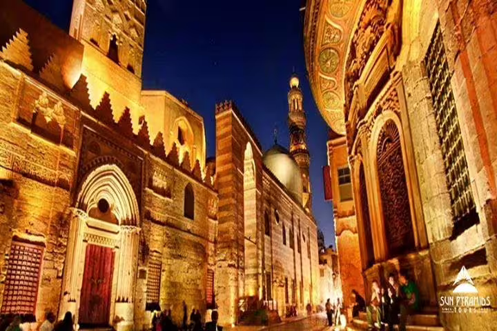Night view of Islamic Cairo old streets and historic mosques, a highlight on day tour from Alexandria to Cairo
