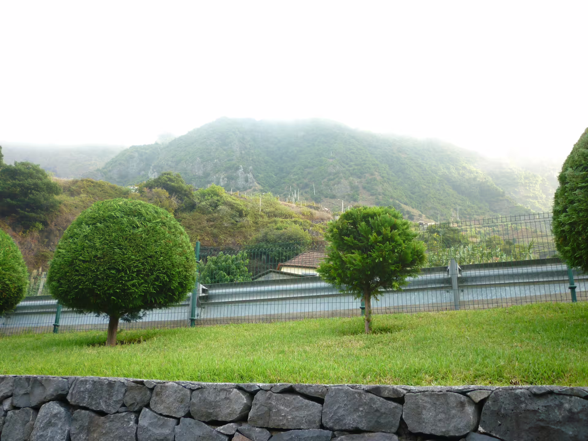 Beautifully manicured gardens with topiary trees against a backdrop of misty hills on the island tour.