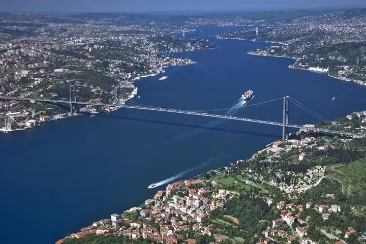 Aerial view of Istanbul Bosphorus and bridge, scenic stop on private guided 1.5 day highlights tour