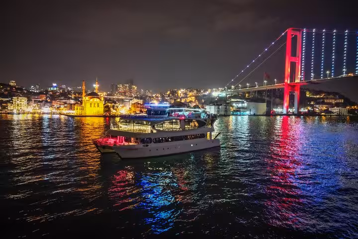 Istanbul Bosphorus New Year’s Eve dinner cruise party with fireworks, live show and bridge views at night