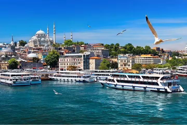 Bosphorus waterfront with ferries and Istanbul skyline, scenic view on a 2-day private guided highlights tour
