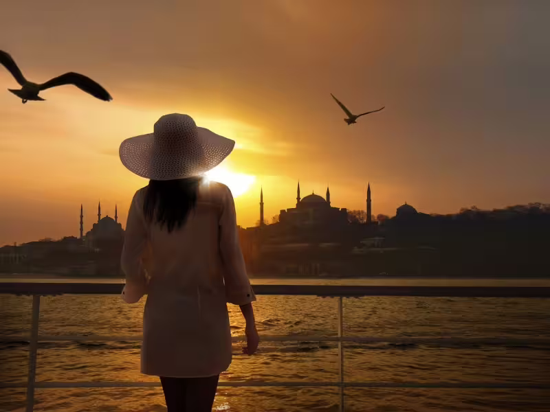 Sunset view of Istanbul skyline from Bosphorus on private full-day guided tour, small group option, skip lines